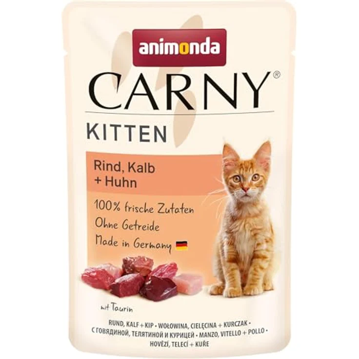 animonda Carny Kitten Rind, Kalb + Huhn, Katzen-Nassfutter ohne Getreide für wachsende Kätzchen, 12 Portionsbeutel (12 x 85 g) mit 100 % frischen Zutaten – Bild 1