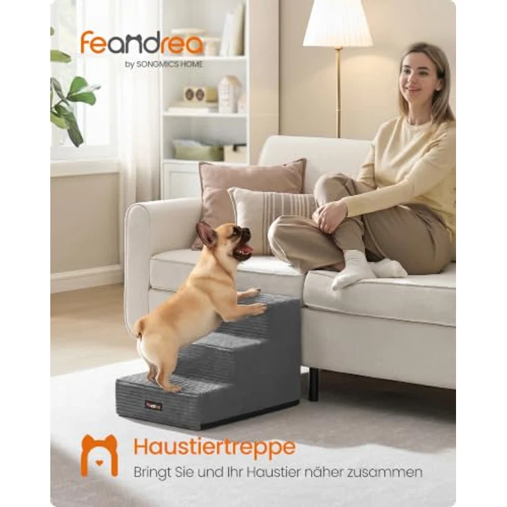 Feandrea Hundetreppe Baddi Kollektion PPS023GN01, 3-stufige Schaumstofftreppe für kleine Hunde, bleigrau, waschbar, rutschfest, 46 x 40 x 33 cm – Bild 2