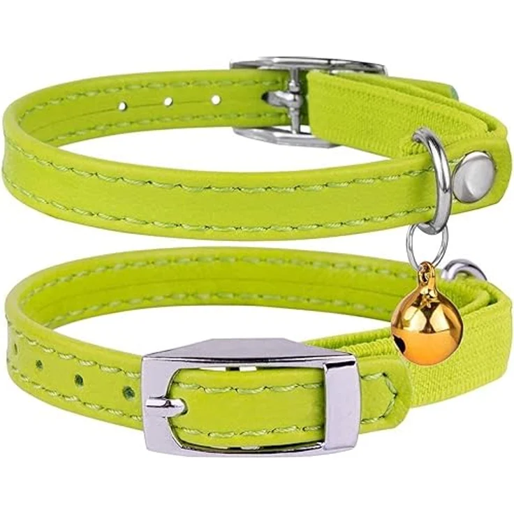 CollarDirect Leder Katzenhalsband mit Sicherheitsverschluss, 21,5 cm, Limetten-Grün, elastischer Gurt und Metallglocke – Bild 2