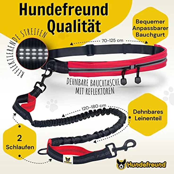 Hundefreund Joggingleine mit Bauchgurt Rot, elastisch und ruckdämpfend, reflektierend für Hunde bis 70 kg, freie Hände zum Joggen, Laufen, Radfahren und Wandern – Bild 3