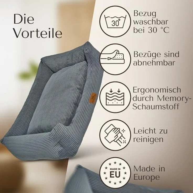 FREUDENTIER Orthopädisches Hundebett aus Cord, Waschbar mit Herausnehmbarem Liegekissen, Handmade in Europe, für kleine, mittelgroße & große Hunde, Dunkelgrau, Größe L – Bild 5