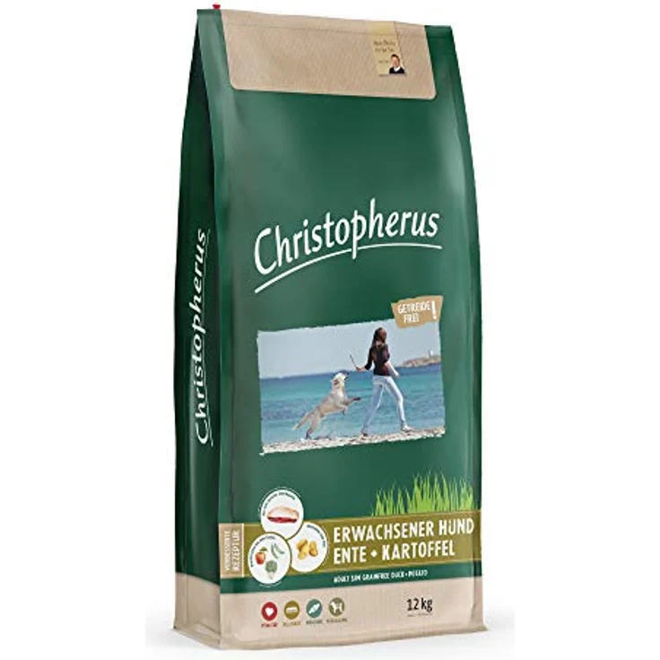 Christopherus Grainfree, Trockenfutter für ausgewachsene Hunde mit normaler Aktivität, Ente + Kartoffel, 12 kg, glutenfrei, Krokettengröße ca. 1 cm – Bild 1