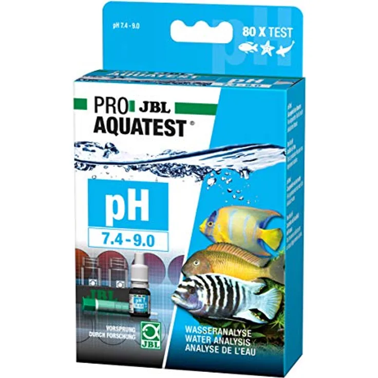 JBL Wassertest-Set ProAquaTest pH 7.4-9.0, Komplettset für Teiche und Süß-/Meerwasser-Aquarien, inkl. Reagens und Glasküvetten