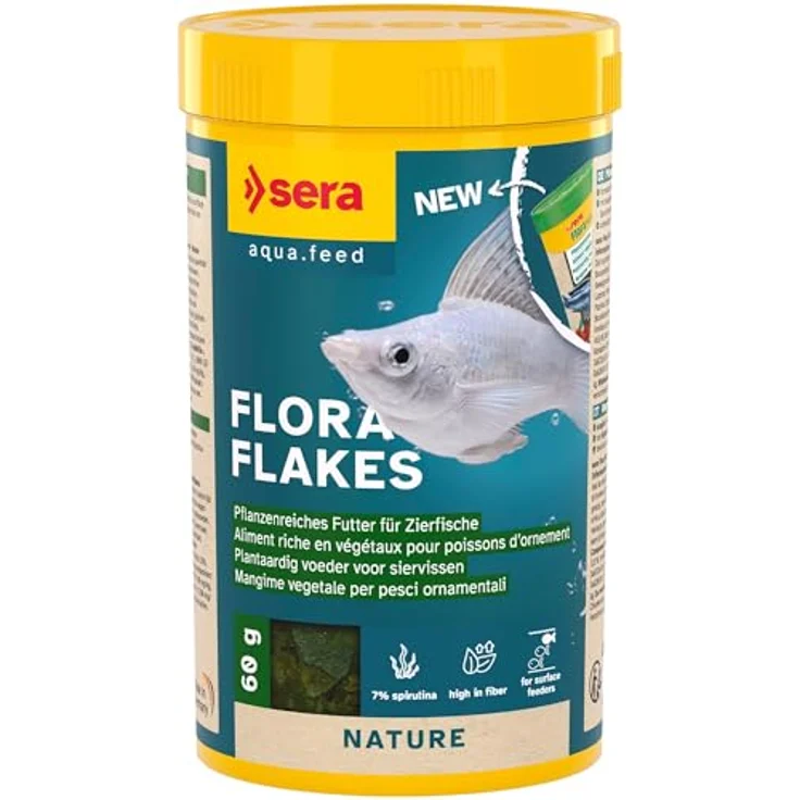 sera Flora Flakes 250 ml (60 g), Pflanzenreiches Futter für Zierfische, leichtverdauliche Flocken mit ballaststoffreichen Inhaltsstoffen – Bild 1