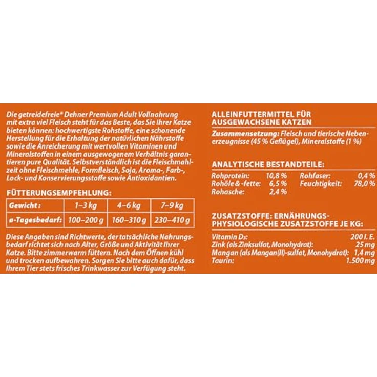Dehner Premium Katzenfutter, Nassfutter gereidefrei, für ausgewachsene Katzen, Geflügel, 6 x 400 g Dose (2.4 kg) – Bild 3