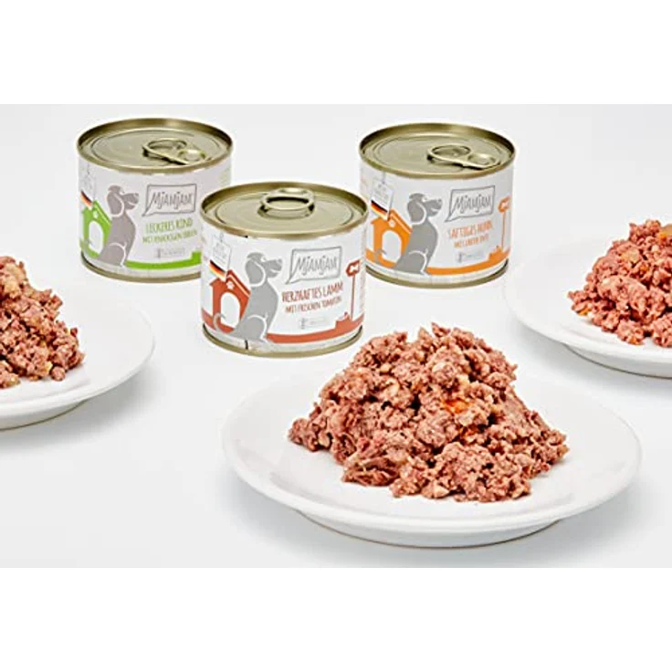 MjAMjAM Premium Nassfutter für Hunde Mixpaket II, mit Huhn & Ente, Rind, Pute, Kalb, Truthahn, Lamm, 6er Pack (6 x 200 g), naturbelassen, glutenfrei, extra hoher Fleischanteil – Bild 2