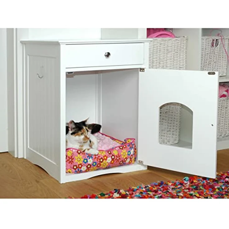 Dobar Mohrle (Katzenklo geschlossen), Katzenschrank aus Holz mit integrierter Katzenhöhle und zusätzlicher Stauraum, weiß – Bild 4