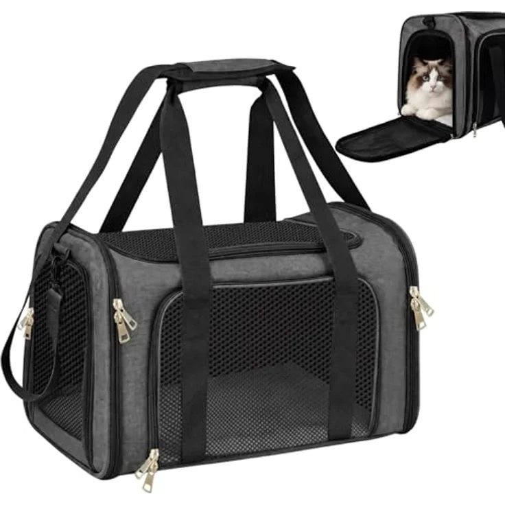 Aipwerer Faltbare Katzen Transportbox, Tragbare Transporttasche für Katzen bis 8 kg, atmungsaktiv und sicher, Schwarz – Bild 1