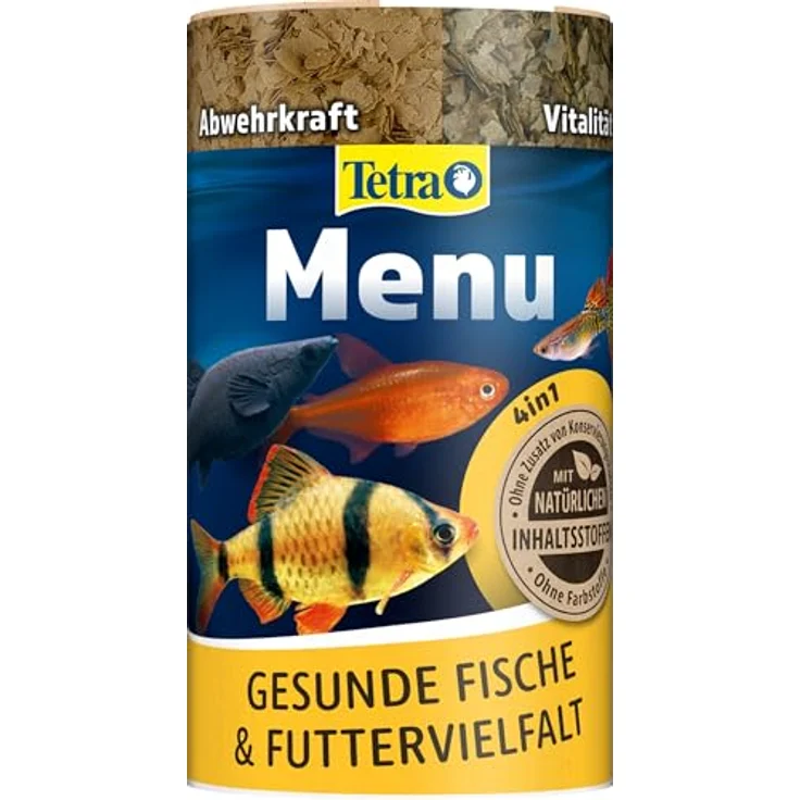 Tetra Menu Fischfutter, Hauptfuttermix mit 4 Spezialflocken, 250 ml Dose für alle Zierfische, nährstoffreich und farbverbessernd – Bild 1