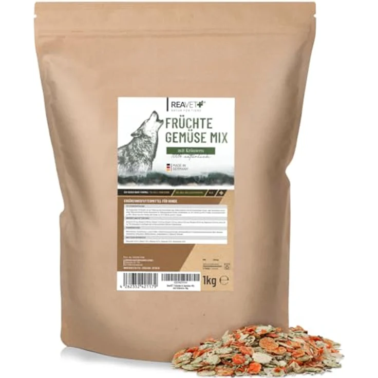 ReaVET Früchte und Gemüse mit Kräutern 1kg, getreidefreie Gemüseflocken für Hunde, BARF Zusatz, natürliche Mischung aus Karotten, Erbsen und Früchten – Bild 1