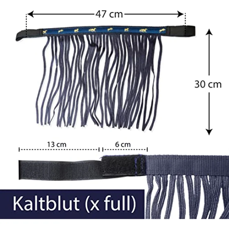 Pferdelinis Fliegenmaske mit Fransen & Klettverschluss, effektiver Insektenschutz für Shetty, Pony, Cob, Warmblut, Kaltblut (X-Full), Blau – Bild 4