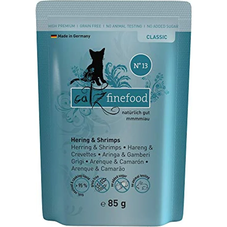 catz finefood N° 13 Hering & Shrimps Feinkost Katzenfutter nass, 45% Hering, 25% Shrimps, verfeinert mit Kürbis & Aloe Vera, 16 x 85g Beutel – Bild 1