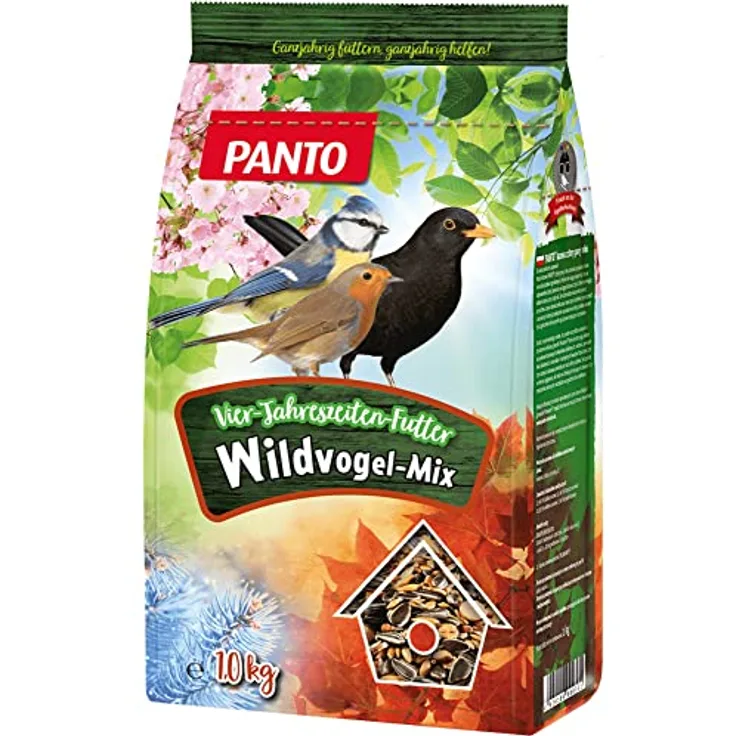 PANTO Vier-Jahreszeiten-Futter, 5x1 kg Vogelfutter mit Sonnenblumenkernen, Erdnüssen und Getreideflocken für ganzjährige Fütterung