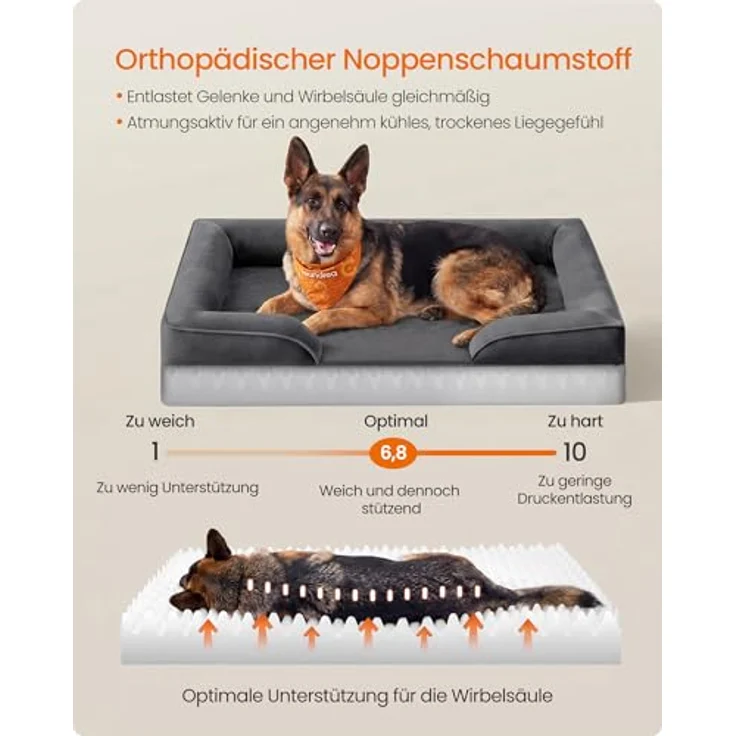 Feandrea Orthopädisches Hundebett PGW325GN01, XXXL mit erhöhtem Rand, Noppenschaumstoff, abnehmbarer waschbarer Bezug, rutschfest, schiefergrau, 122 x 85 x 17 cm – Bild 3