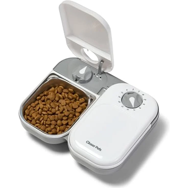 Closer Pets C200 Edelstahl Futterautomat für Haustiere mit 48-Stunden-Timer, integrierter Kühlung und zwei Näpfen, Weiß – Bild 1