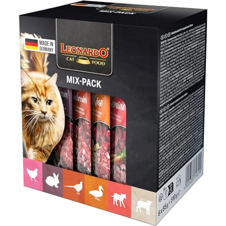 LEONARDO Finest Selection Premium Katzenfutter Mix-Pack, 6x85g Nassfutter, getreidefreie Rezeptur mit Huhn, Fasan, Kaninchen, Ente, Kalb & Lamm, für ausgewachsene Katzen, Made in Germany – Bild 3