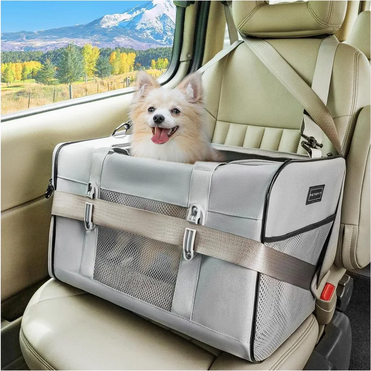 LuxusKollektion Hunde-Transportbox Grau, sichere Katzentransportbox mit verstellbarem Schultergurt und patentierten Autobefestigungen, Größe Large+