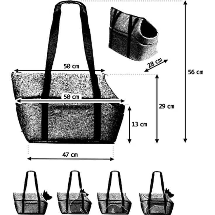 BOUTIQUE ZOO Transporttasche für Hunde und Katzen, Schultertasche aus Kunstleder, bis 12 kg, Größe L, schwarz, mit Gummiband und Karabiner – Bild 3
