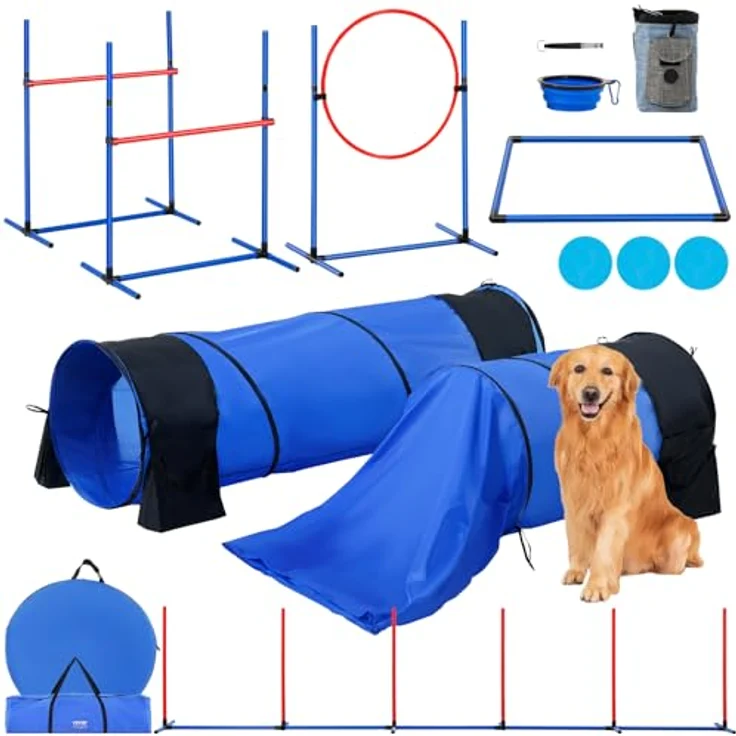 VEVOR Agility Set Hunde, 7-teiliges Hindernisparcours-Set mit verstellbaren Hürden, Slalomstangen, Tunneln und Zubehör, tragbar und einfach aufbaubar – Bild 1