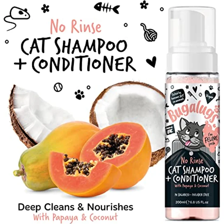 Bugalugs Katzenshampoo 2 in 1 ohne Wasser, pH-neutral, 200ml, Papaya und Kokosduft, für wasserscheue Katzen – Bild 3