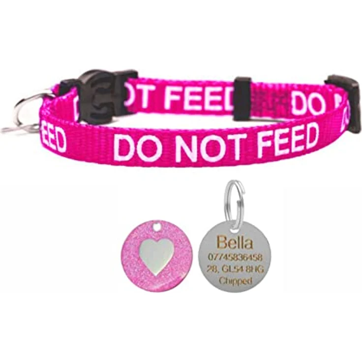 LARRYROO Katzenhalsband "Do Not Feed" mit Sicherheitsschnalle, Glocke und personalisierbarer Herzmarke, Rosa – Bild 2