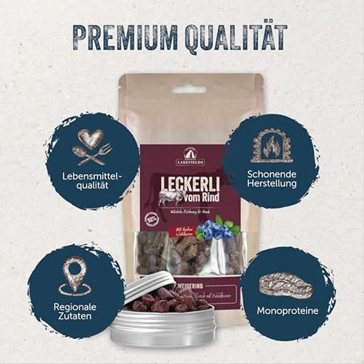 Lakefields Hundeleckerli, Trockenfleischwürfel vom Rind, 90% Rindfleisch, getreidefrei mit Kartoffeln & Waldbeeren, 50g, ohne Zusätze – Bild 2