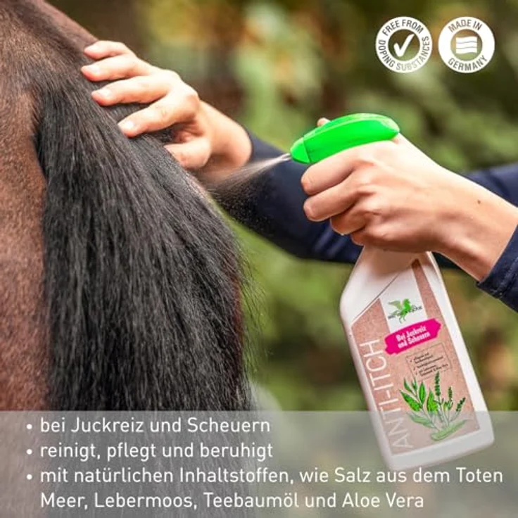 Bense & Eicke Anti-Itch Pflegespray für Pferde 500 ml, beruhigend mit Lebermoos, Aloe Vera, Teebaumöl und Totes Meer Salz gegen Juckreiz und Scheuerneigung – Bild 2