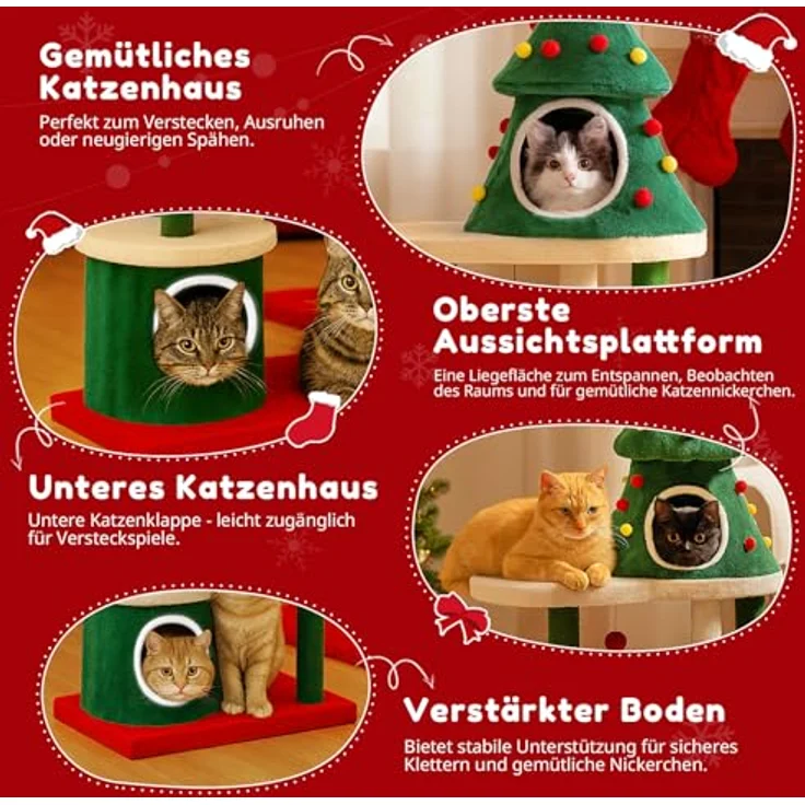 COMHOMA Kratzbaum Weihnachtsbaum-Design 123cm, stabiler Katzenturm mit Sisal-Kratzsäulen, mehrstöckiges Katzenhaus mit Plattformen und Spielball – Bild 2
