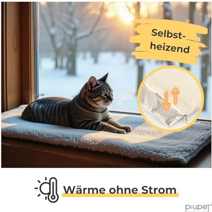PiuPet Fensterliege für Katzen 90×25 cm, Rutschfestes Katzenbett mit selbstwärmender Katzendecke, Beige – Bild 3