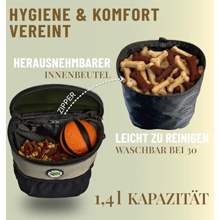 GIZZY® DAS ORIGINAL | Leckerlitasche für Hunde mit praktischer Einhand-Öffnung und Regenhaube | Hochwertiger, wasserabweisender Futterbeutel für Training & Welpenerziehung | Beige – Bild 3
