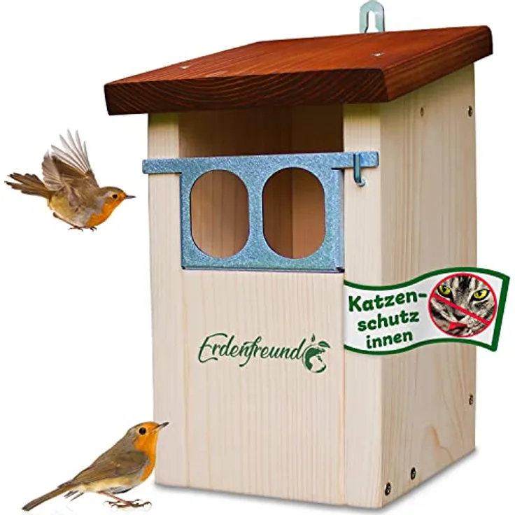 ERDENFREUND® Nistkasten Rotkehlchen, räubersicher mit Marder-/Katzenschutz, Doppel-Nischeneinflug, Lichtschacht und Spechtschutz