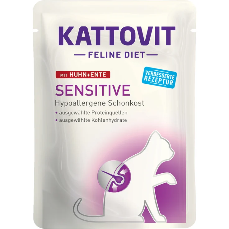 Kattovit Sensitive Pouches 24 x 85 g, Diät-Nassfutter für Katzen, Huhn & Ente, hypoallergen, glutenfrei, mit Taurin