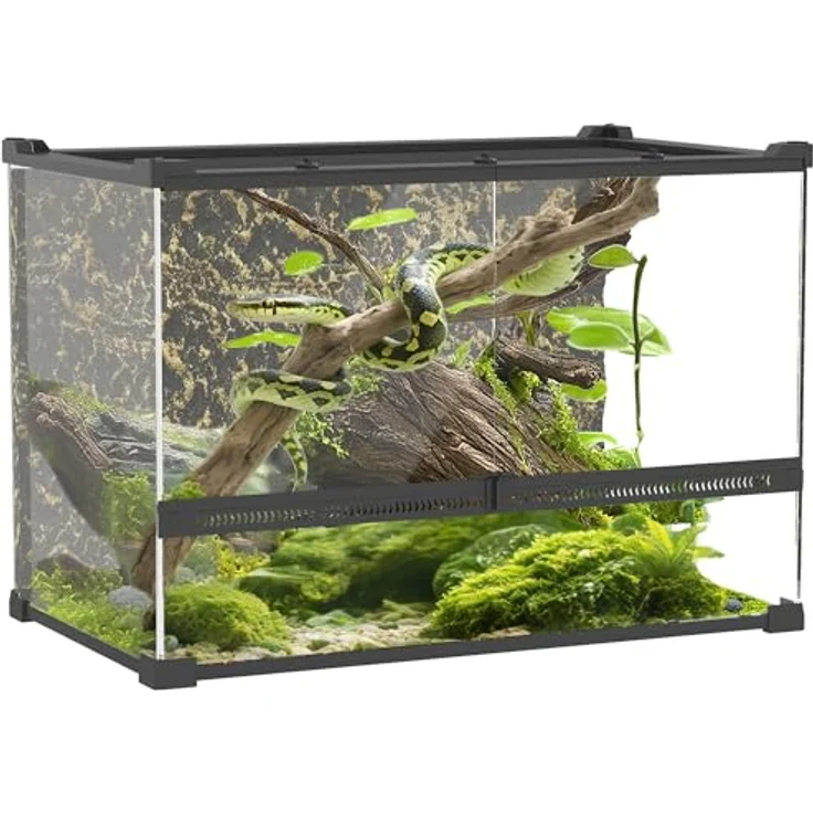 PawHut Terrarium für Reptilien, Glasterrarium 48L mit Frontbelüftung, Steinrückwand, ausbruchsicherem Drehverschluss, für Amphibien und Spinnen, Schwarz, 50 x 30 x 35 cm – Bild 1