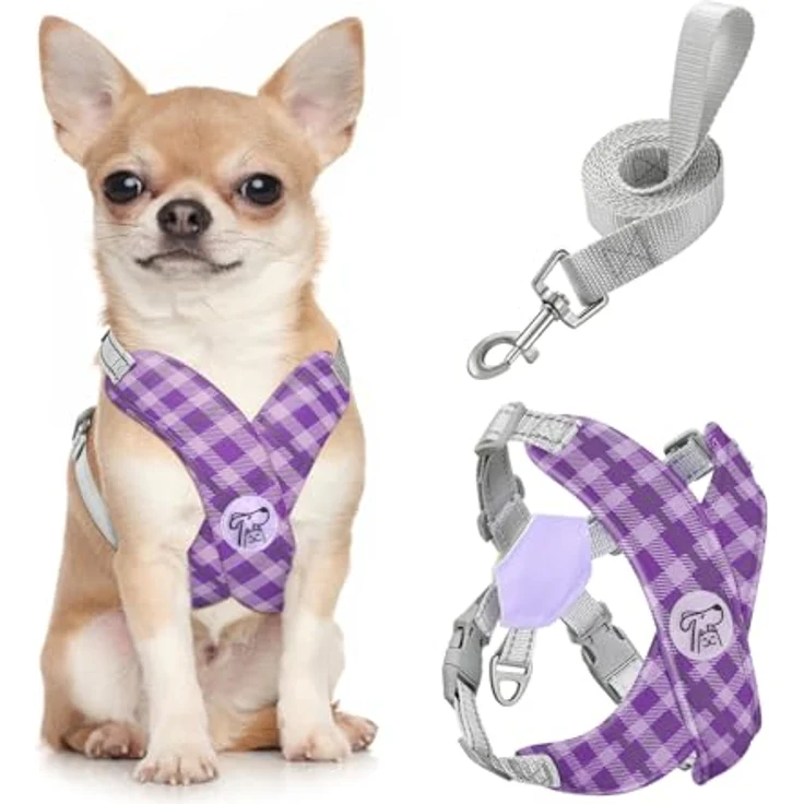 Pawaboo X-Rahmen Hundegeschirr mit Hundeleine Set, verstellbares Anti-Zug Anti-Erstickung Brustgeschirr für kleine und mittelgroße Hunde, S, Violett Kariert – Bild 1