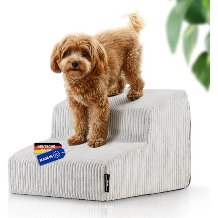 Rohrschneider Hundetreppe für kleine Hunde, rutschfest mit waschbarem Cordbezug, Schaumstofffüllung, beige, Made in EU – Bild 1