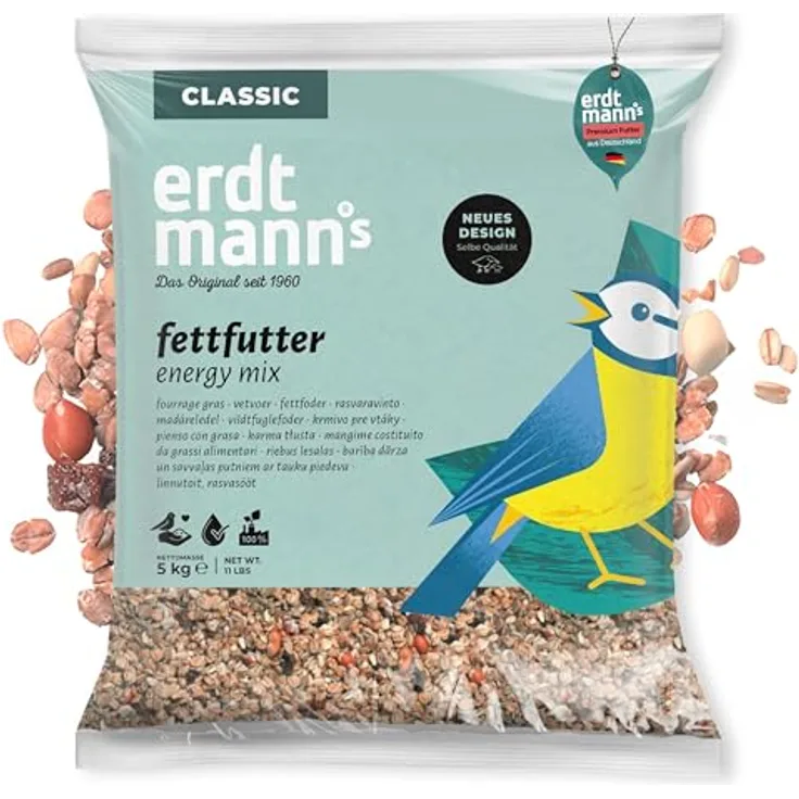 Erdtmann's Fettfutter 5 kg, energiereiches Vogelfutter mit Hafer- und Weizenflocken, ideal für Winterfütterung
