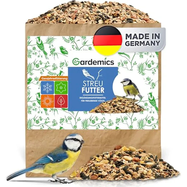 Gardemics Vogelfutter Wildvögel ganzjährig 25 Kg, Vitalmix mit Erdnüssen & Sonnenblumenkerne, artgerechtes Ganzjahresfutter für Artenvielfalt im Garten