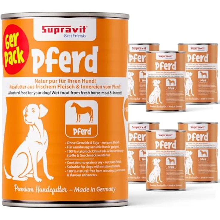 Supravit Nassfutter mit Pferd für Hunde, Set 6 x 820g, hoher Fleischanteil, getreidefrei, gut verträglich & leicht verdaulich