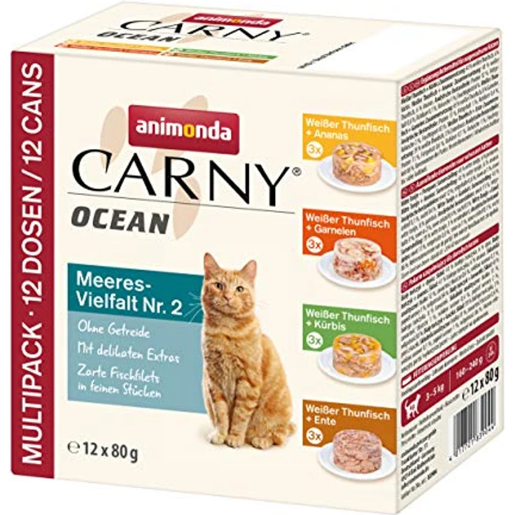 animonda Carny Ocean Katzen Nassfutter Meeresvielfalt Nr. 2, 12 x 80 g, ohne Getreide und Zucker, mit zartem Fischfilet und delikaten Beilagen