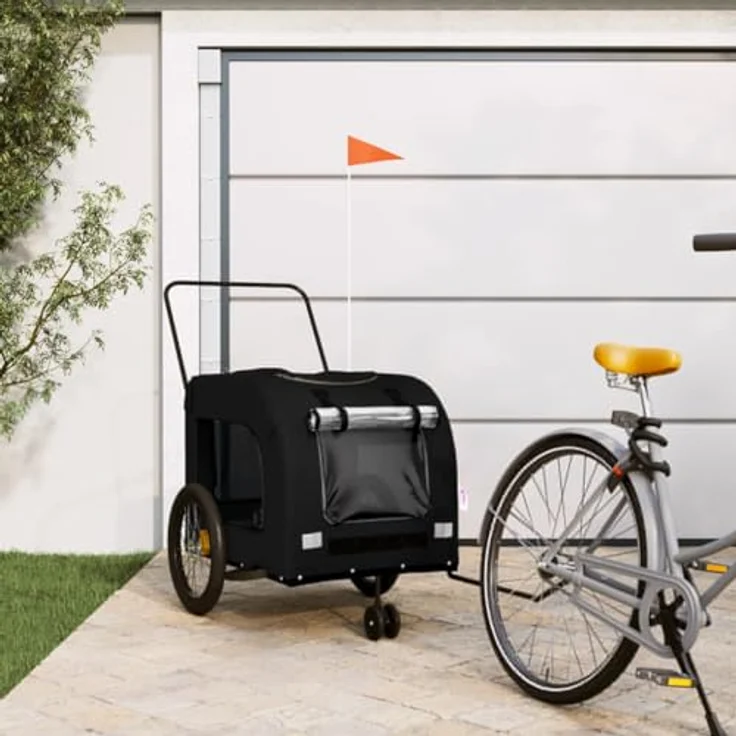 vidaXL Hunde-Transportbox Fahrradanhänger Hunde Schwarz Oxford-Gewebe und Eisen mit Reflektoren und Flagge – Bild 3