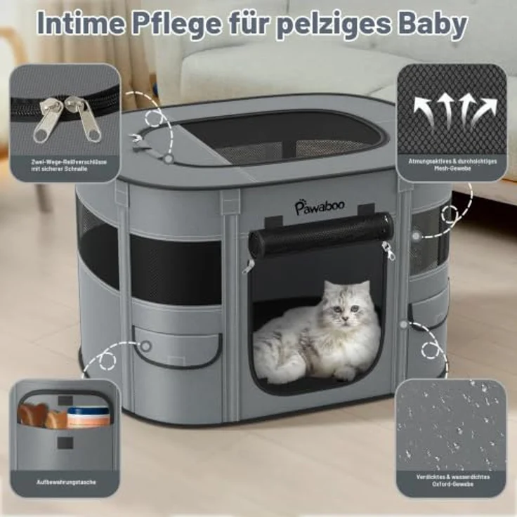 Pawaboo Tragbarer Hunde-Laufstall, M, rechteckig aus 600D Oxford-Gewebe mit atmungsaktivem 360°-Netzdesign, Koksgrau – Bild 3