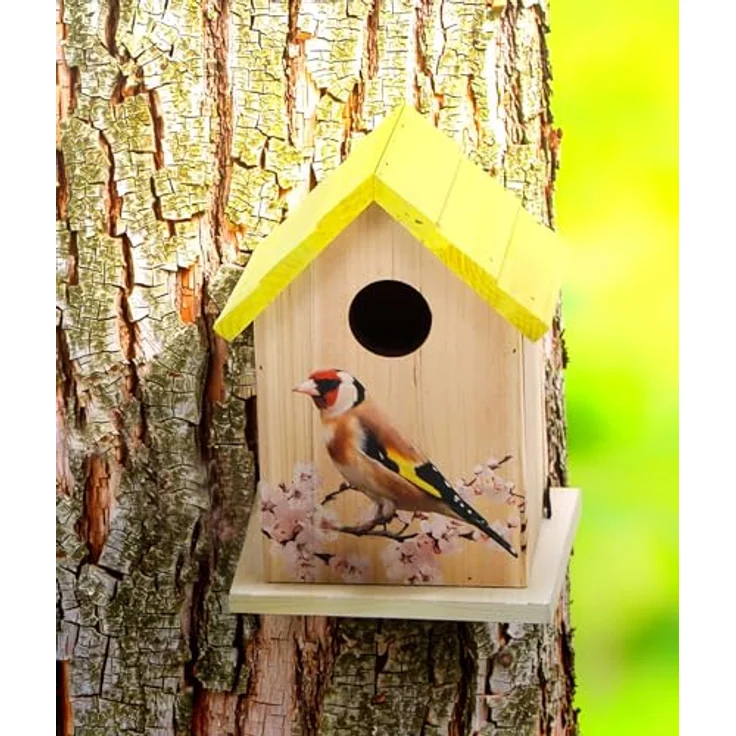 Bubble-Store Nistkasten Vogelhaus für Wildvögel, gelb mit Distelfink-Motiv, zum Hängen oder Stellen, FSC zertifiziertes Natur-Holz – Bild 6