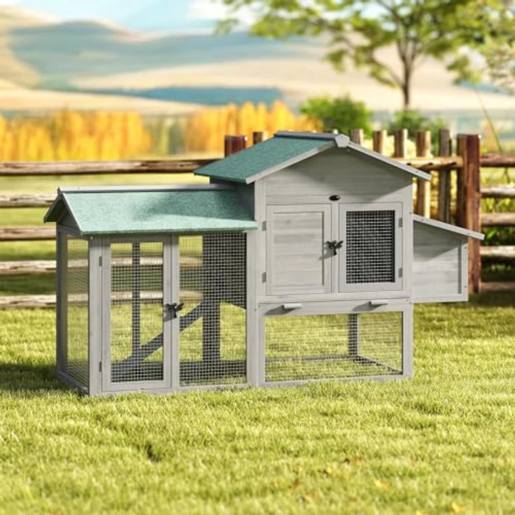 PawHut Hühnerstall Hühnerhaus mit Freilaufgehege, Nistkasten, Rampe und herausziehbarem Tablett, für 2-4 Hühner, grau – Bild 8