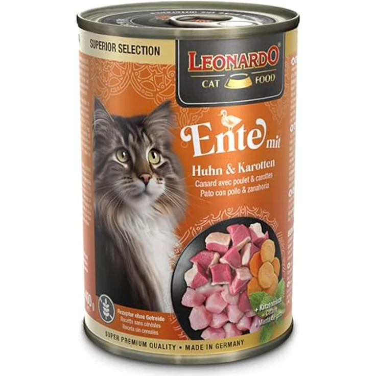 LEONARDO Katzen Nassfutter Superior Selection, Ente mit Huhn & Karotten, 6x400g Dose, getreidefrei, ohne Zucker, für ausgewachsene Katzen, Made in Germany – Bild 2