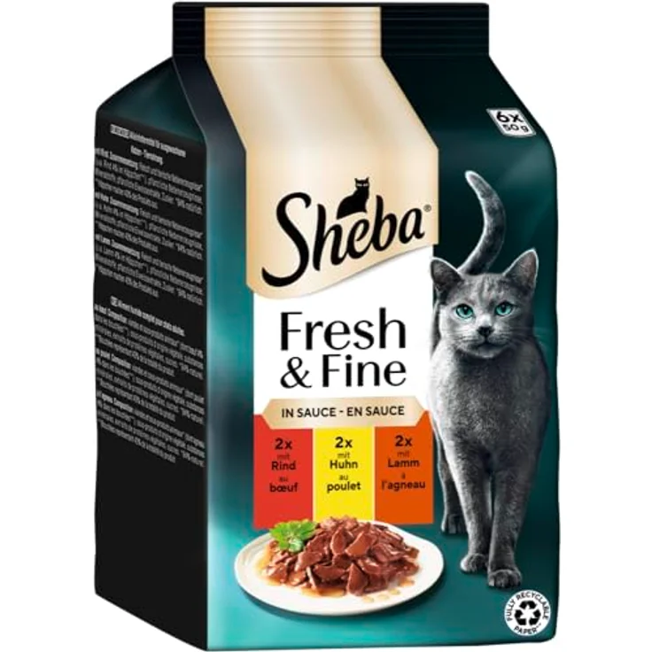 SHEBA® Portionsbeutel Multipack Fresh & Fine in Sauce, Katzen-Nassfutter mit Rind und Huhn, 6 x 50g, 100% natürliche Zutaten ohne künstliche Zusätze – Bild 1