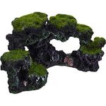 relaxdays Aquariendeko Stein mit Kunstmoos und Muscheln, grau-grün, 8,5 x 17 x 9 cm, für Süß- und Salzwasser