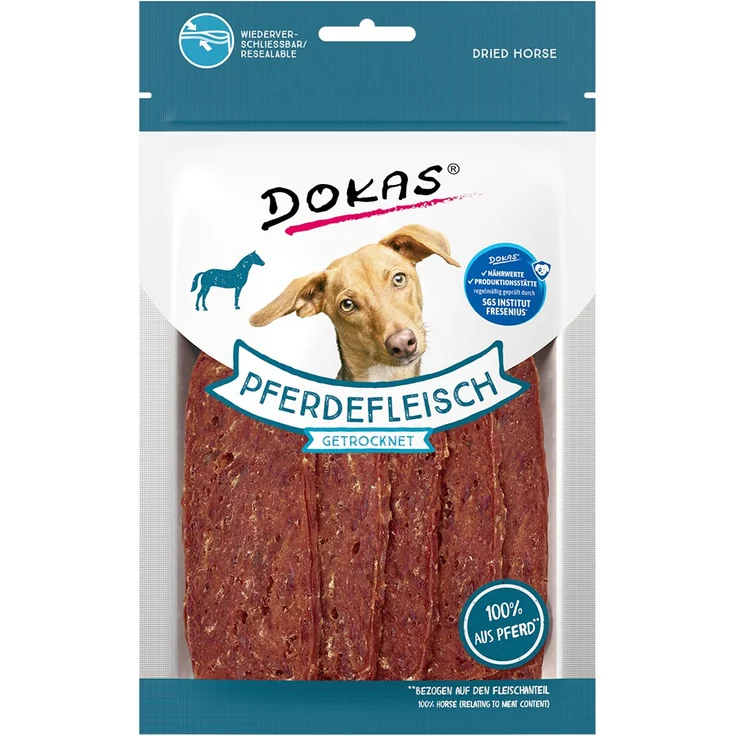 Dokas Pferdefleisch getrocknet 60g, Luftgetrockneter Hundesnack aus 100% Pferdefleisch, ideal für ernährungssensible Hunde