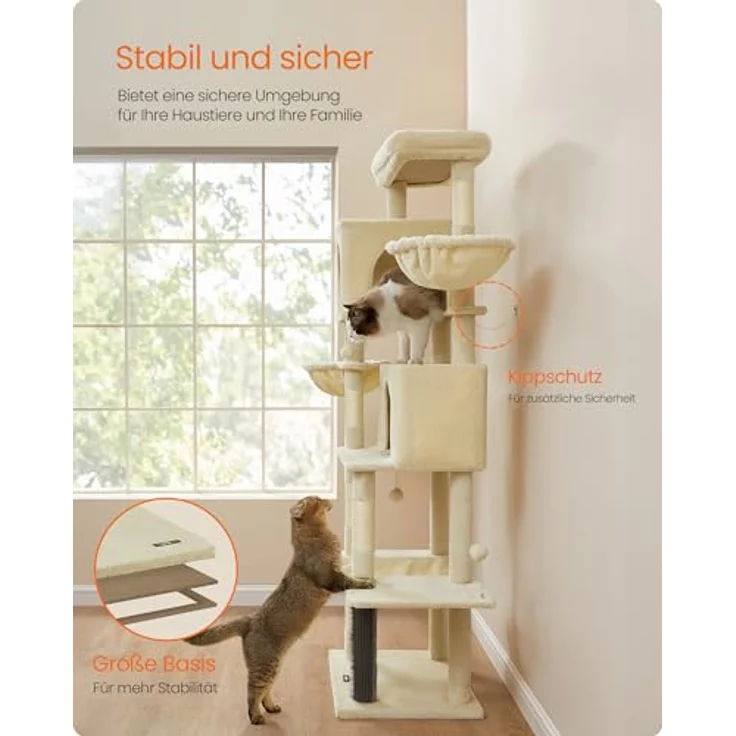 Feandrea Kratzbaum groß, 190,7 cm hoch, XXL, mehrstöckiger Katzenbaum mit 2 Höhlen, 2 Liegemulden, 5 Kratzsäulen, Katzenbürste, große Plattform, sandbeige – Bild 8
