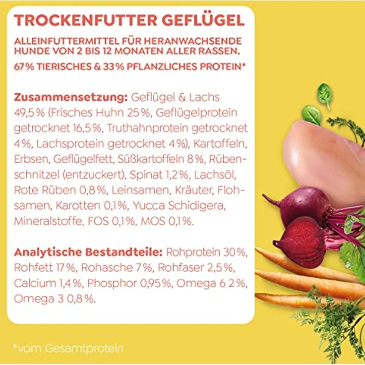 Wow Junior Geflügel mit Karotte, Premium-Hundefutter für heranwachsende Hunde, 6 kg, getreidefrei und reich an Frischfleisch – Bild 2