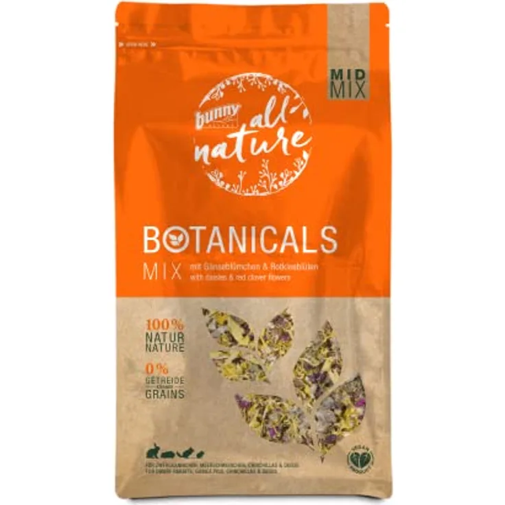 Bunny Nature BOTANICALS MID Mix mit Gänseblümchen & Rotkleeblüten, 120 g, Ergänzungsfuttermittel für Zwergkaninchen, Meerschweinchen, Chinchillas & Degus, ohne Zuckerzusätze, vitaminreich und 100 % natürlich